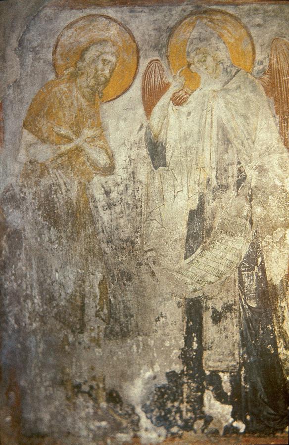 Фреска Успенского собора на Городке. Ангел вручает преподобному Пахомию монашеский устав